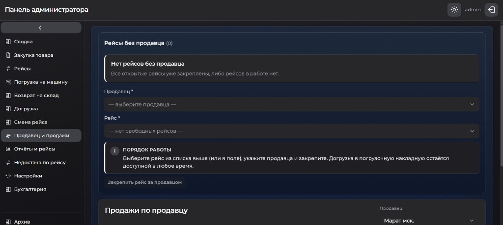 Продавец и продажи: закрепление рейса за продавцом, контроль продаж по продавцу из админки