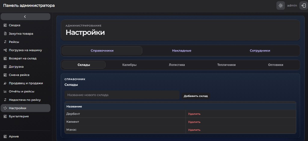 Настройки: справочники — склады, калибры, логистика, тепличники, оптовики · накладные · сотрудники