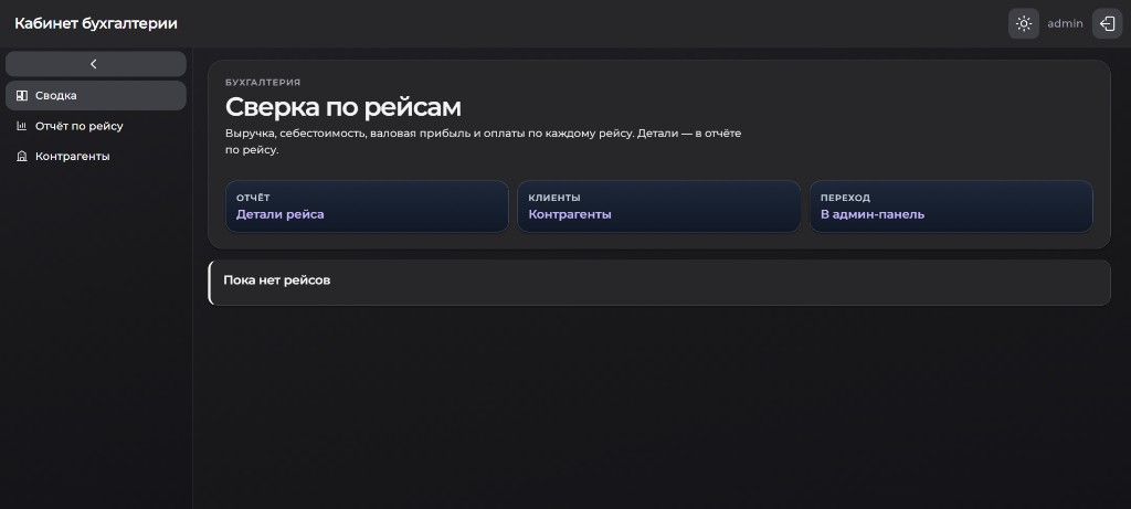 Кабинет бухгалтера: сверка по рейсам — выручка, себестоимость, валовая прибыль и оплаты